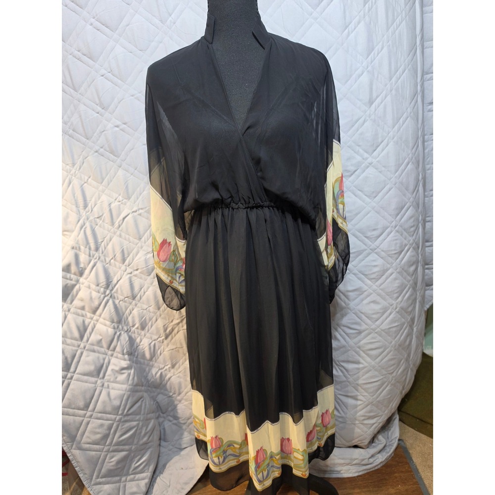 Vintage Black Chiffon Floral Tulip Border Print 2 Piece Midi Dress Set XS